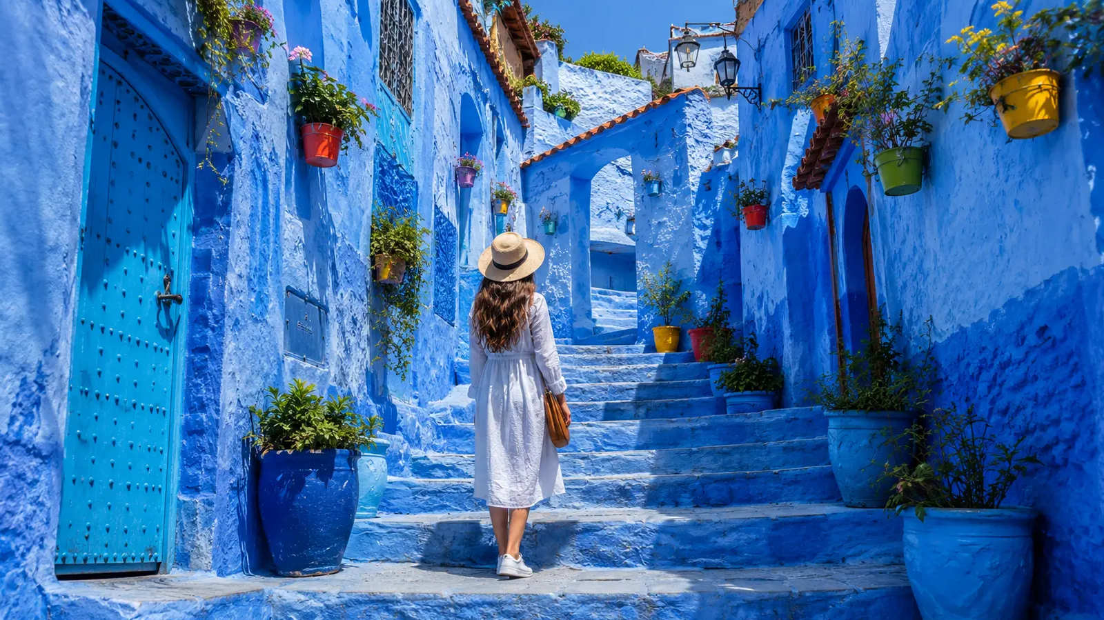Woman in a white dress and straw hat walking up blue-painted stairs in a narrow blue alley, Chefchaouen, Morocco, with colorful pots along the walls.