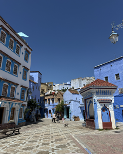Blue-painted buildings line a cobblestone square in Chefchaouen under a clear sky, with a few people strolling.